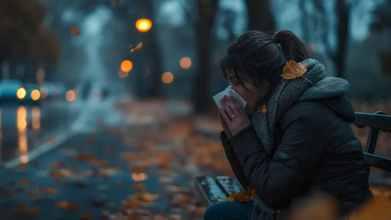 "An adult blowing their nose into a tissue, showing signs of distress or exhaustion"