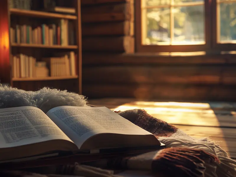 A quiet room with an open Bible and candlelight.