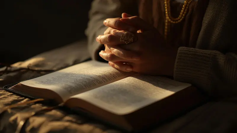 A person's hands folded in prayer on the pages of an open Bible, symbolizing finding peace through prayer.