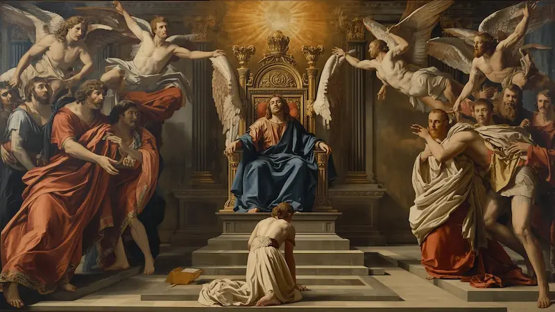 Classical religious artwork depicting the prophet Isaiah witnessing angelic seraphim crying "Holy, Holy, Holy" around God's throne.