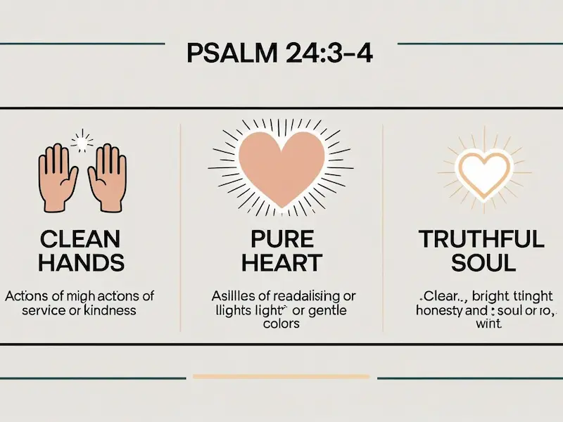 Infographic showing Psalm 24’s qualifications: clean hands, pure heart, and truthful soul.