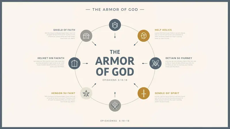 Illustrated infographic explaining the spiritual armor of God: belt of truth, breastplate of righteousness, shoes of peace, shield of faith, helmet of salvation, and sword of the Spirit.