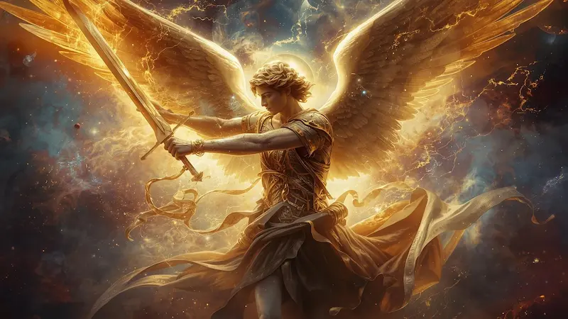 Artistic depiction of the Archangel Michael as a mighty celestial warrior in glowing armor, holding a sword, representing his biblical role in spiritual warfare.