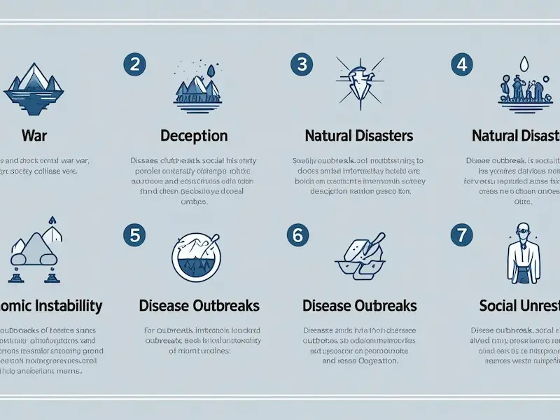 “Infographic showing 7 end-time signs: war, deception, natural disasters, economic instability, disease outbreaks, and social unrest.”