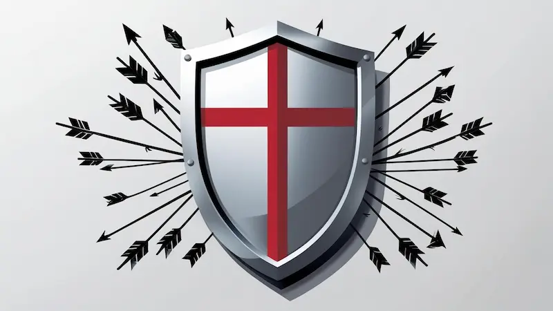 Graphic showing a large, bright cross at the center, with dark, shadowy figures recoiling and being repelled away from its light.