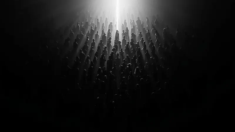 Abstract art representing multiple demons (Legion) being exposed and confronted by a greater power.