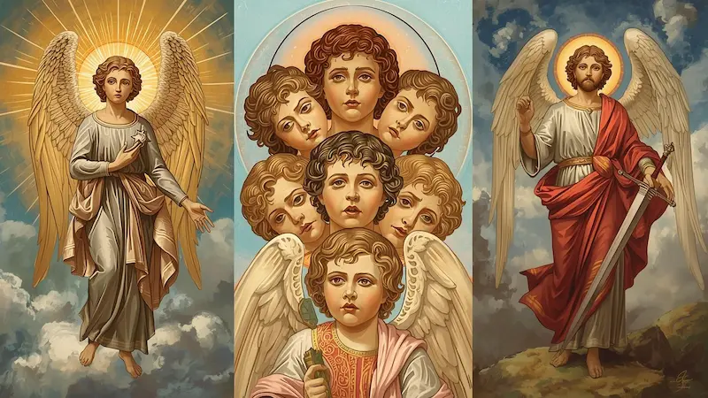 Three icons depicting different types of biblical angels: a six-winged Seraph, a four-faced Cherub, and the Archangel Michael holding a sword.