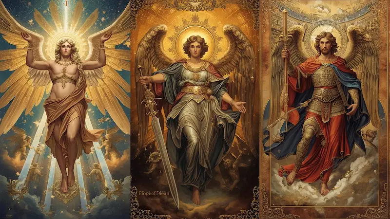 Set of three icons: a six-winged Seraph, a four-faced Cherub, and the Archangel Michael with a sword.