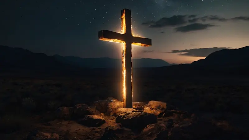 Glowing cross symbolizing deliverance at night.
