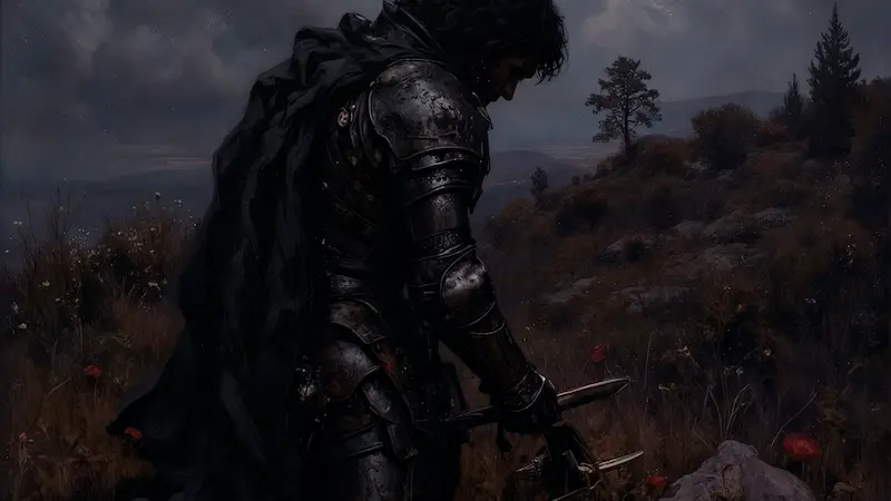 Silhouette of a warrior in prayer with sword.
