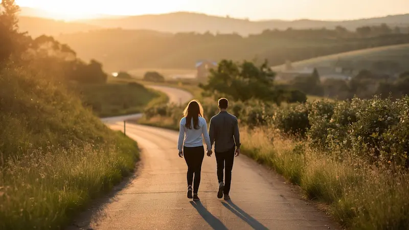 Couple walking together down a peaceful path from behind