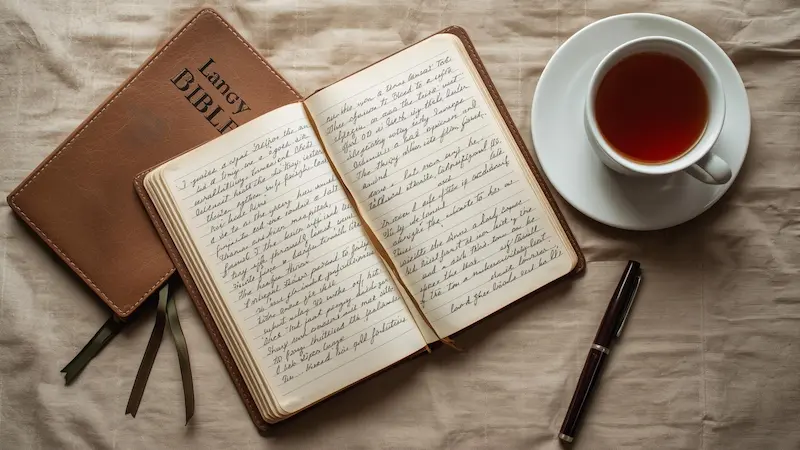 Open journal with Bible, pen, and tea on a table