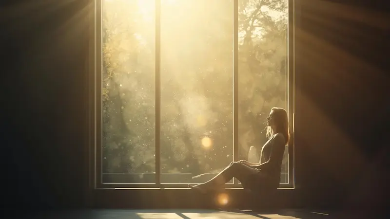 Person sitting quietly by a window with warm light streaming in