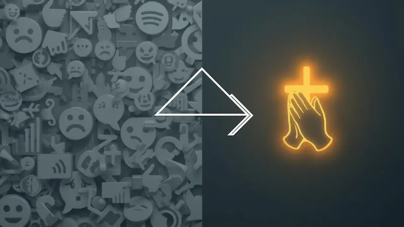 Concept graphic showing prayer as a filter for social media noise and anxiety for Christian teens.