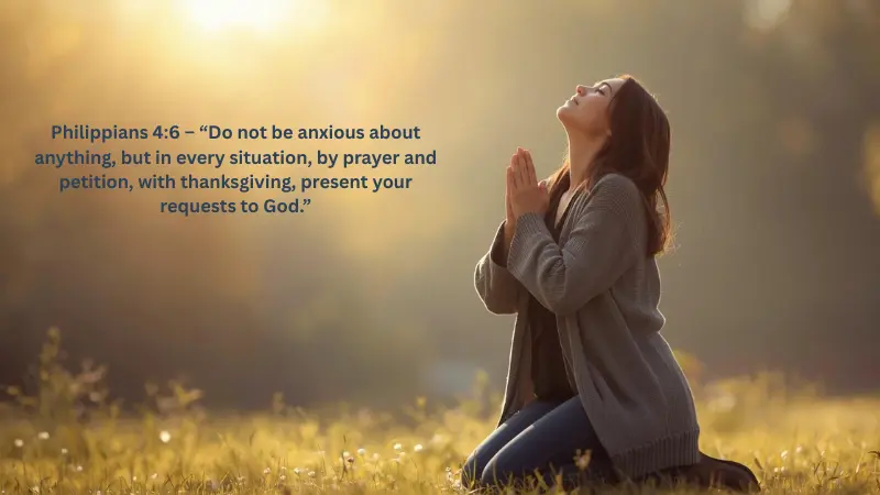 Bible verse Philippians 4:6 displayed over an image of folded hands in prayer.