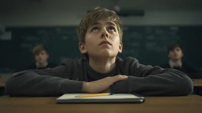 A teenage student praying for calm and focus before taking a test.