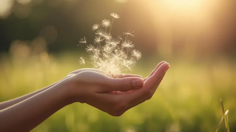 Hands releasing dandelion seeds into the air, symbolizing surrender to God