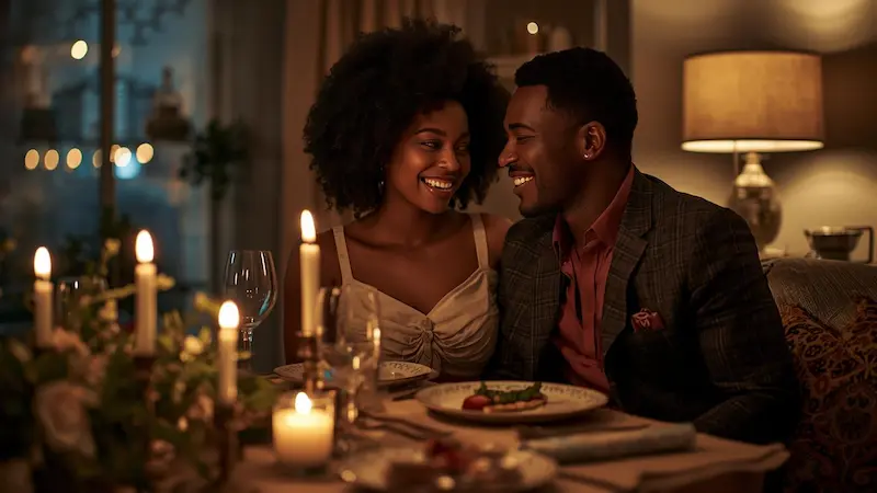 Spouses reconnecting over a candlelit dinner.