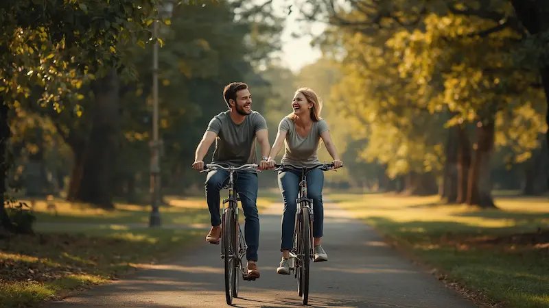Spouses reconnecting by doing something fun outdoors