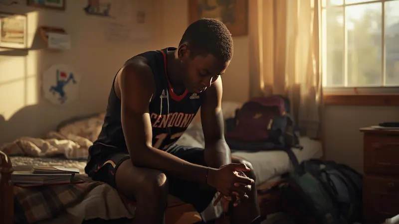 A teenage athlete finding peace and relief from pressure through quiet prayer in their bedroom.
