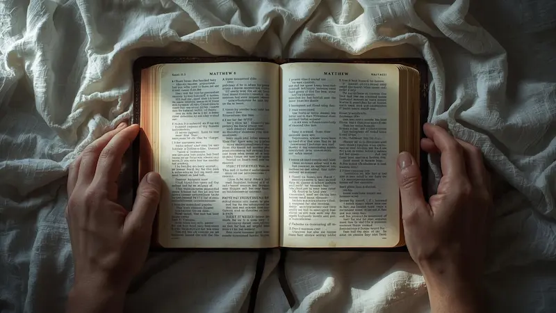 Bible open to Matthew 6 with hands nearby
