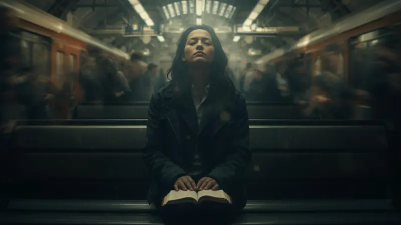A person finding peace through scripture in a chaotic urban setting.