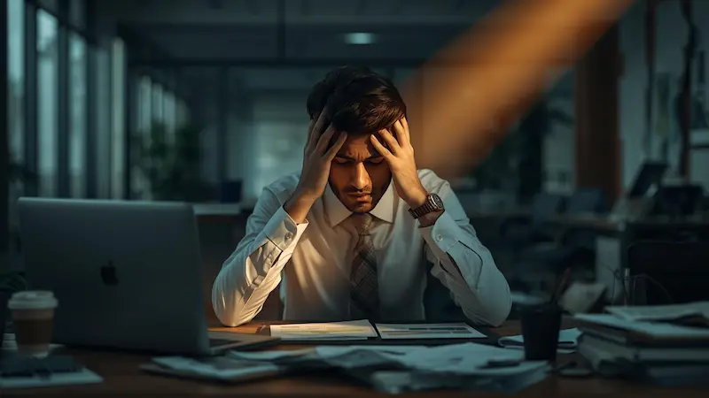 A young professional man praying for peace during a stressful workday at the office.