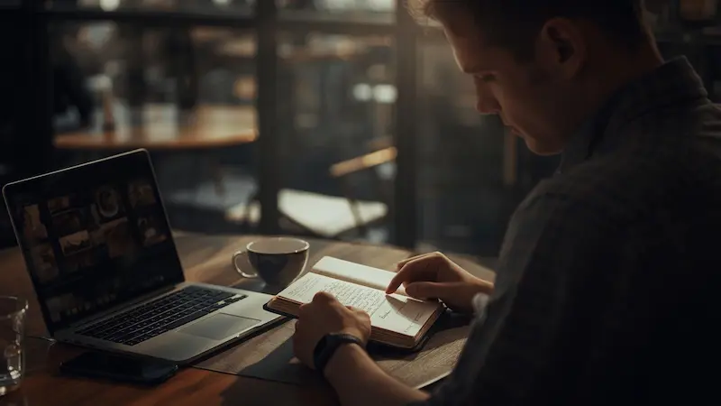 A person finding focus on scripture in a digitally busy environment.