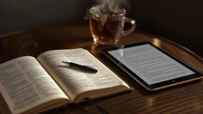 A notebook, tablet, and tea, showing practical ways to engage with scripture daily.
