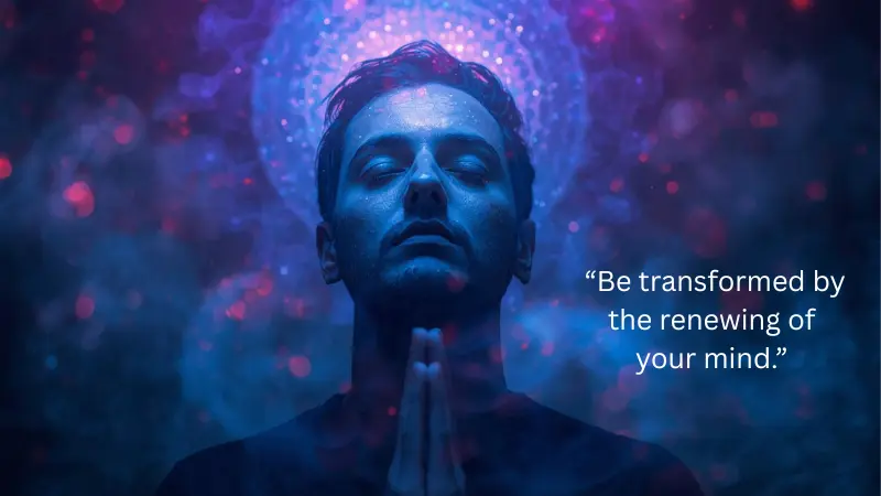 Verse overlay on serene image of someone praying with eyes closed.