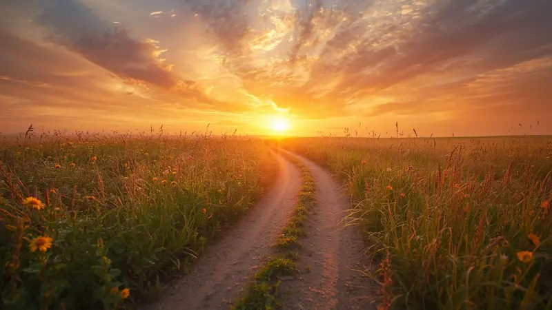 A path through a field leading towards a bright sunrise, representing hope, new beginnings, and choosing a different path like Rahab and Hezekiah.