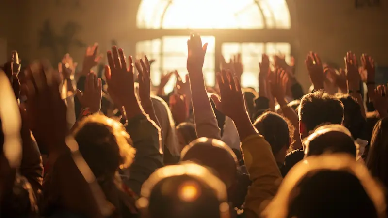 Group of believers praying with sunlight shining through, representing faith in God’s healing power.