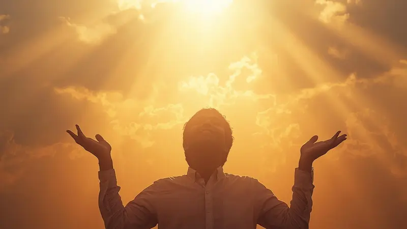 Person kneeling in prayer, bathed in sunlight, seeking God’s presence.