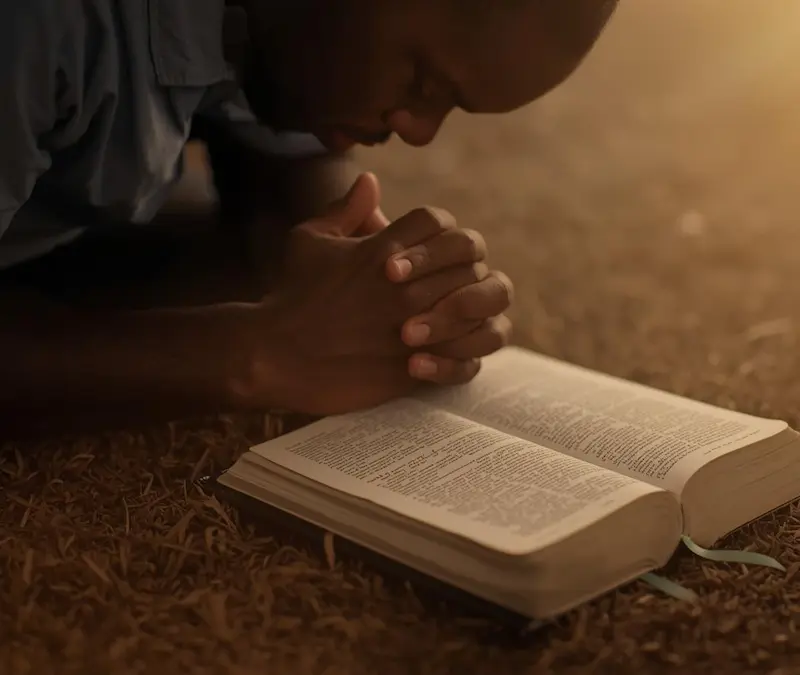 Person kneeling in prayer beside open Bible, symbolizing prayer for healing through Scripture.
