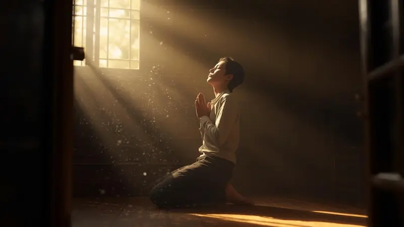 Person in prayer, bathed in morning light, representing a divine encounter.