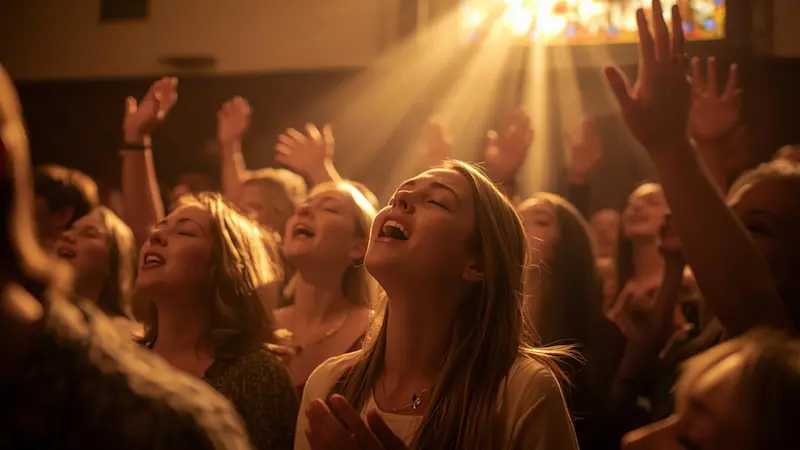 Group of believers worshiping with hands lifted, bathed in warm light.