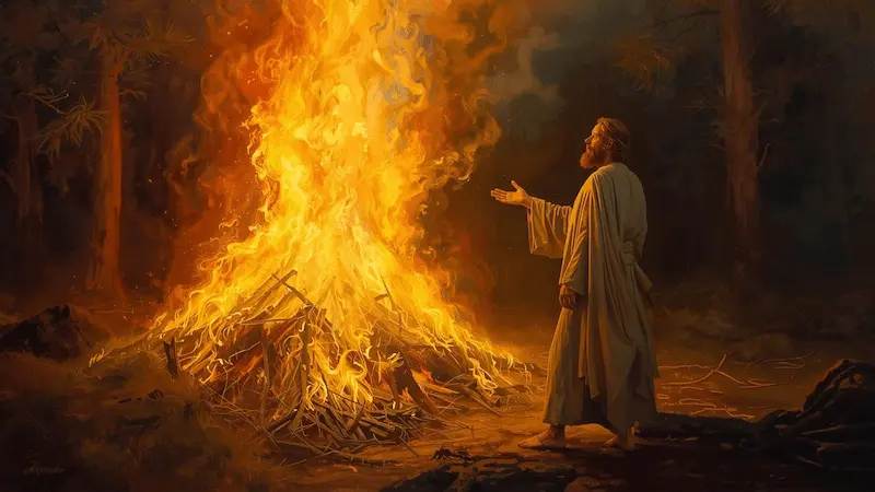 Moses standing before the burning bush, symbolizing God’s revelation.