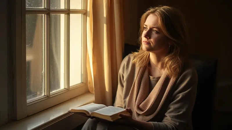 Peaceful woman reading Bible by a window, symbolizing emotional healing and renewal.