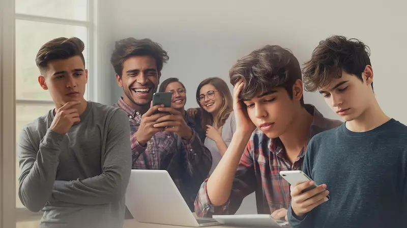 Collage of teenagers dealing with different emotions and situations like stress, friendship, and introspection.