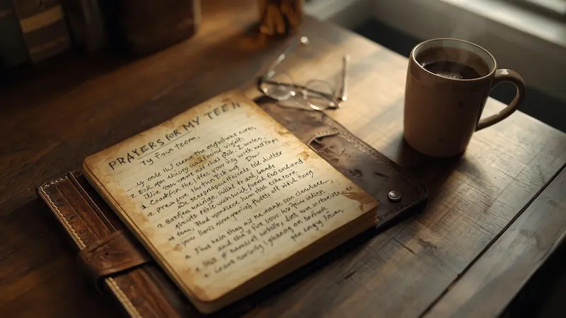 Close up of a handwritten prayer journal with a list for a teenager.