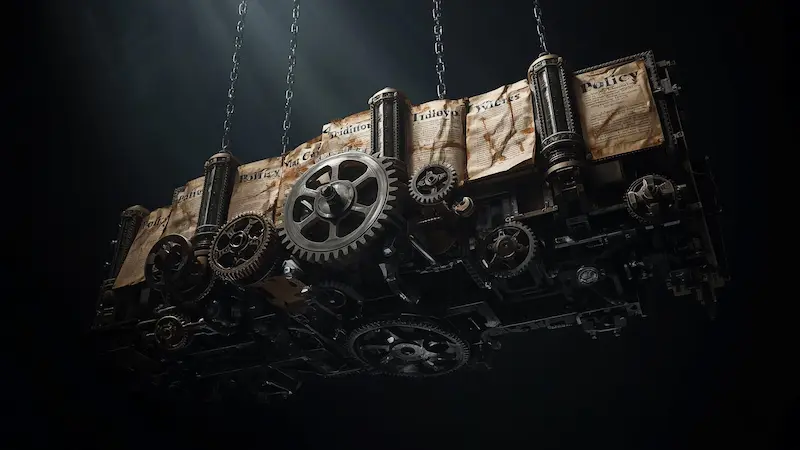 An abstract representation of an unjust system as a complex, dark machine made of gears and policies.
