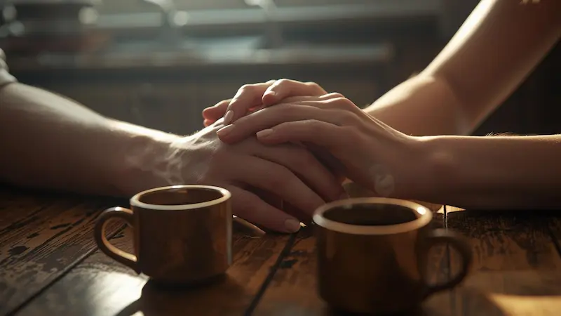 A husband and wife holding hands in prayer over their morning coffee.