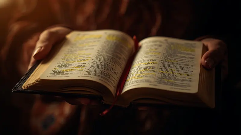 Hands holding an open Bible during personal prayer time.