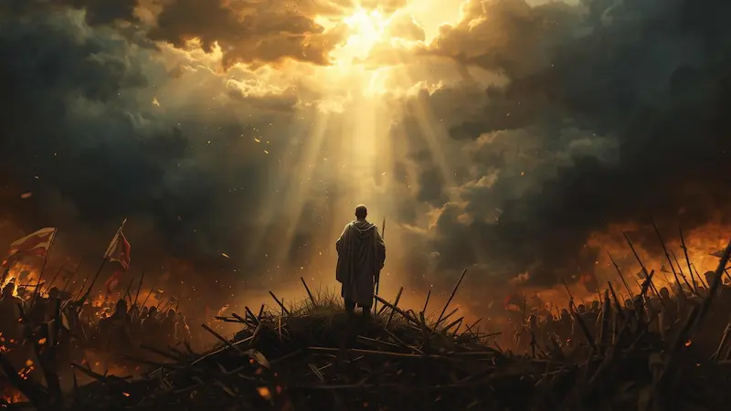 Believer standing confidently before a storm, symbolizing God’s intervention and divine protection.