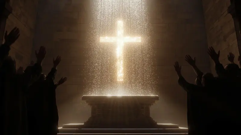 Hands lifted toward a glowing cross symbolizing surrender and prayer at the altar.