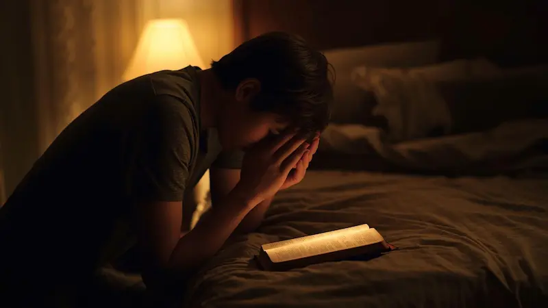 Young believer praying alone at home symbolizing the return to personal altar of prayer.