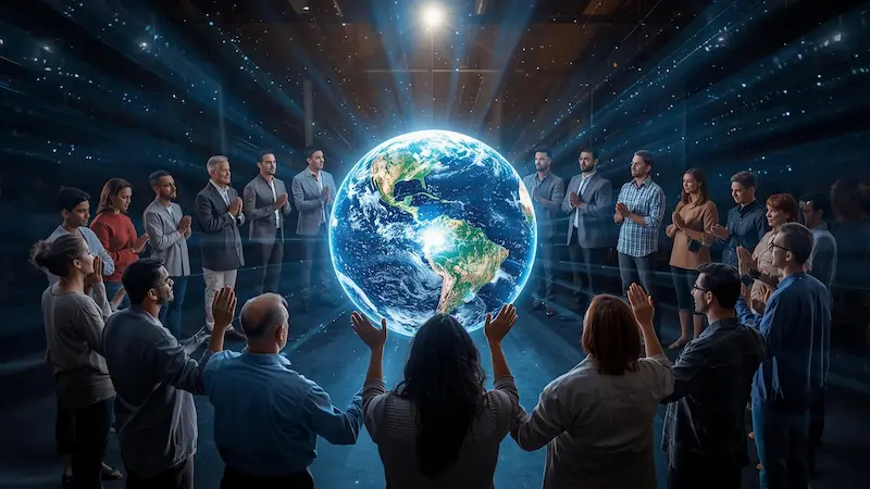 Believers united in prayer around a glowing globe symbolizing the global Altar of Prayers community.