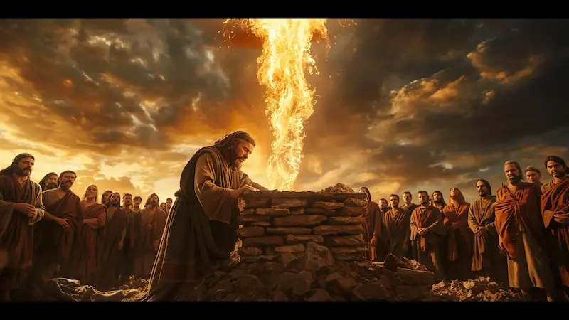 Elijah rebuilding the altar as fire falls from heaven symbolizing revival.