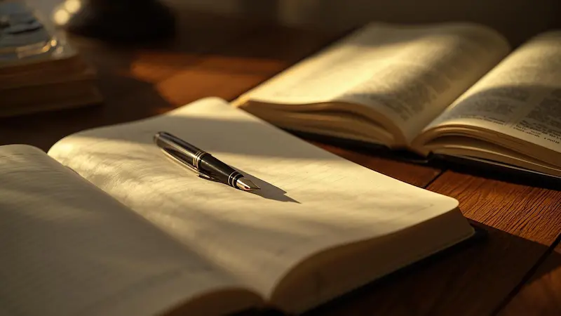 “Recording divine dreams in a journal next to an open Bible”