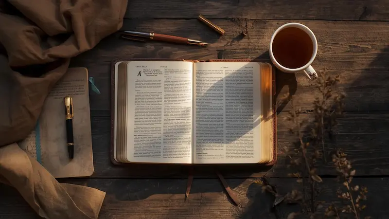 A peaceful personal altar setup with Bible, journal, and prayer items.